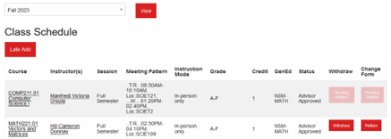 Pending request on Class Schedule.